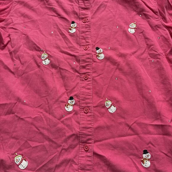 Quacker Factory Pink Corduroy Snowman Embroidered  Button Up Shirt  Sz XL - Picture 2 of 5